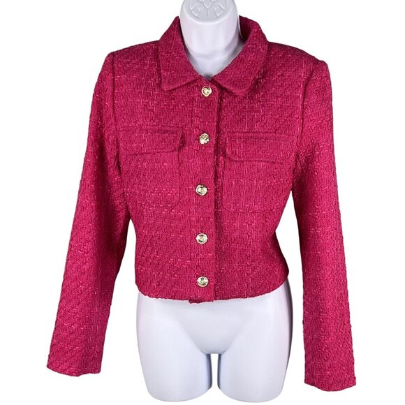Rachel Zoe NWT Womens S Pink Tweed Boucle Cropped Jacket Top Gold Buttons Preppy - Picture 1 of 16